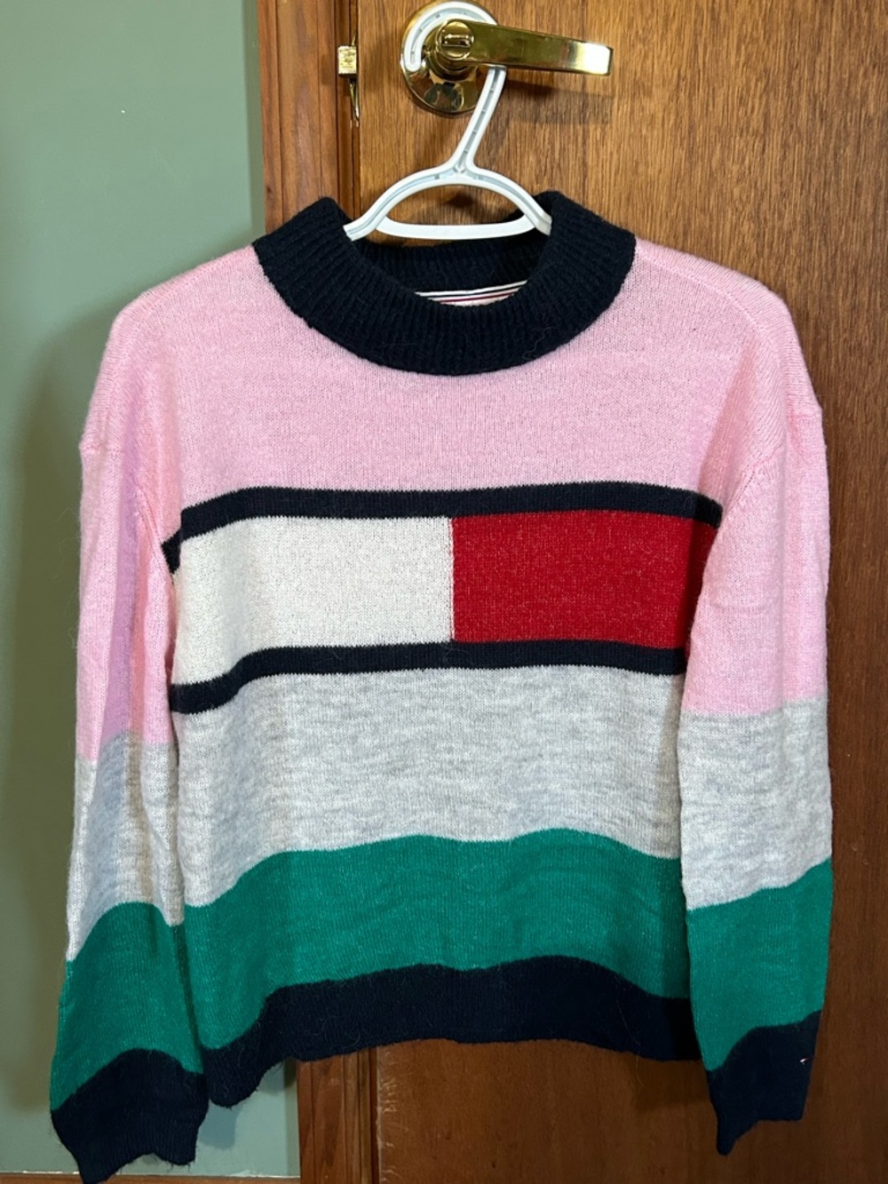 Tommy Hilfiger Pink, Green, Red & Gray Colorblock Crewneck Sweater
